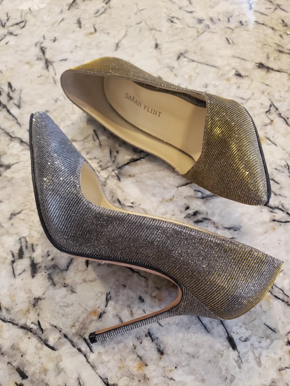 Sarah Flint Silver Glitter Pointed Toe Stilettos with Gold Edge